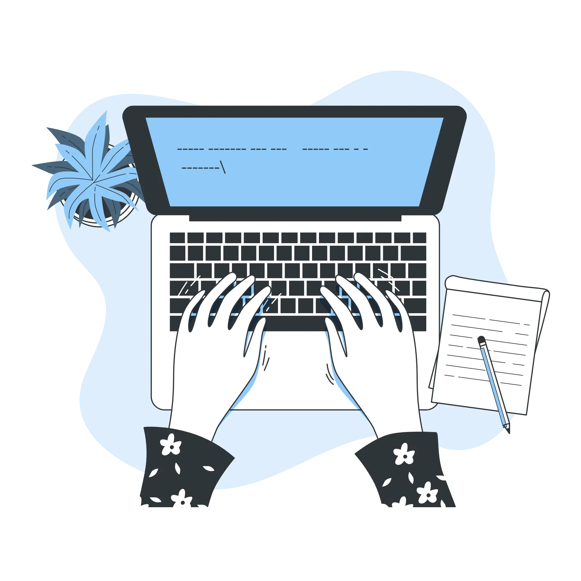 Ilustracja projektowania stron — laptop z kodem i elementami UI